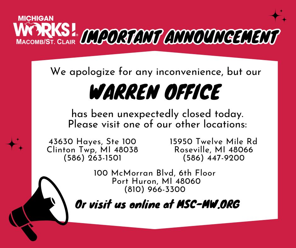 MIWorksMSC's tweet photo. Warren career center closure ⚠️🚨

Our Warren career center will be closed today, May 27 due to building issues. Please visit one of our other career center locations in Clinton Township or Roseville for support. https://t.co/vI0uJnPduW