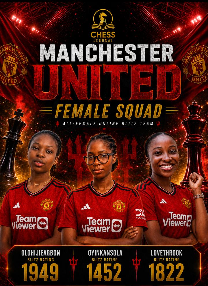 IwuagwuX's tweet photo. MANCHESTER UNITED FEMALE SQUAD
♟️ OLOHIJIEAGBON — Blitz Rating: 1949
♟️ LOVETHROOK — Blitz Rating: 1822
♟️ OYINKANS0LA — Blitz Rating: 1452
DM the organizer for your team link.
#ManchesterUnitedFemaleSquad #ChessJournal #BlitzChess #FemaleChess #OneSquadOneMission https://t.co/bIz0U5mI4U