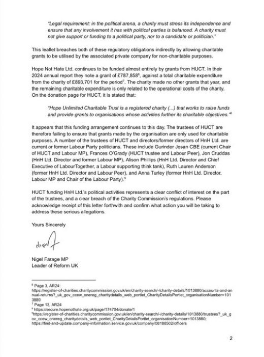 RightTrackGB's tweet photo. 🚨 NEW: Nigel Farage has written to the Charity Commission over Hope Not Hate’s political activity in the Makerfield by-election. https://t.co/pWtjefzrdR