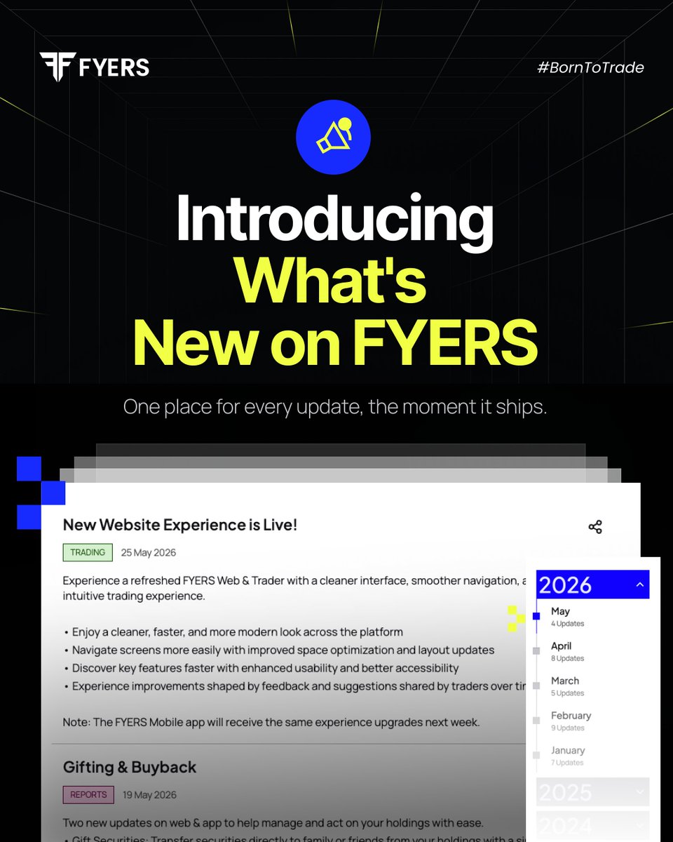 fyers1's tweet photo. Every time, FYERS ships something new. Most of it goes unnoticed. What's New changes that, one place for every update, feature, and improvement, the moment it lands.
#whatsnewonfyers #fyersupdate #fyers #BornToTrade https://t.co/WBDnyIU98g