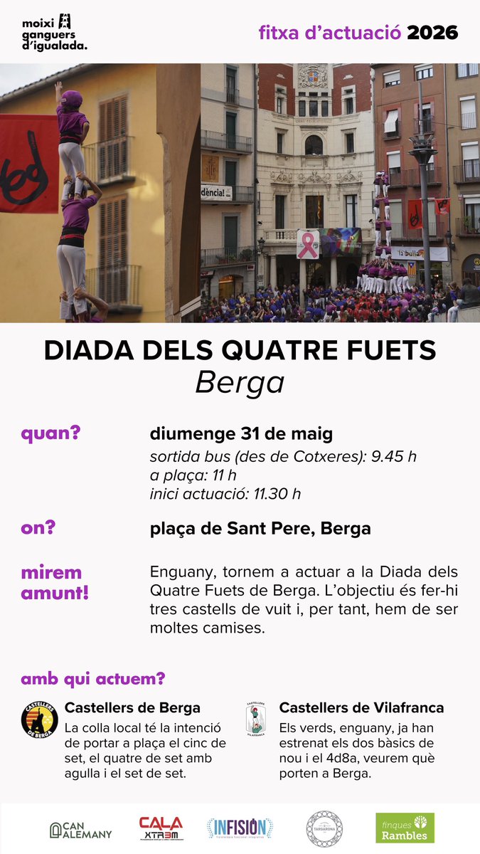 moixiganguers's tweet photo. DIADA DELS QUATRE FUETS! 💥

Diumenge actuem a Berga amb @cdberga i @Verds.

👉🏼 Omplim la plaça per continuar creixent!

Apunteu-vos a l’app 📲
#anyextraordinari #castells https://t.co/f5CkWg8YVj