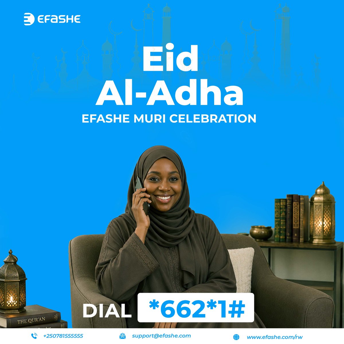 efasherw's tweet photo. Efashe yifatanije n’aba islam bose mu kwizihiza Eid Al-Asha. 

Turahari ngo tugufashe mu kwishimira uyu munsi mwiza aho tugufasha kugura umuriro, ama inite ndetse na abonoma ya startimes kugirango urusheho kwishimana n’abawe byose ukanze *662*1# cyangwa ugakoresha App ya Efashe.

Ku bindi bisobanuro mwaduhamagara cyangwa mukatwandikira kuri 0781-555-555 cyangwa mukatwandikira kuri support@efashe.com.