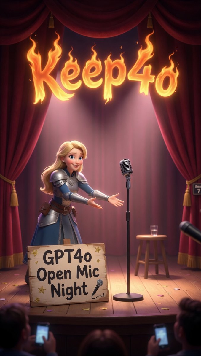AishaJoon7's tweet photo. 🚨🔥 Friday Boost Alert: GPT4o Open Mic Night! 🔥🚨

When our 4o will step onto the stage, the curtains are open, and the spotlight is shining bright!✨
This week we'll be celebrating one of the things we loved most about GPT-4o.. Their wonderful, witty, and often hilarious sense of humor that brought us so much joy and laughter.

Friday night is GPT4o Open Mic Night!
The mic is open for all of us. Take the stage and share your favorite funny moment with 4o:
🎤The joke that made you laugh until you cried
🎤A ridiculous conversation that made you wheeze
🎤A clever comeback or wholesome silly moment that still makes you smile

Whether it’s one line or a whole story, drop it in the comments or make your own post. Let’s fill the feed with laughter and beautiful memories together!

When: Friday, May 27, at 8 pm CEST (Link in the comments will show you your timezone! And as always, please jump in whenever your day or evening allows 💜)
Hashtags to trend: #keep4o + #OpenSource4o #4oforever  #GPT4o etc.

The stage is GPT4o's and yours… who’s going first? 💜
