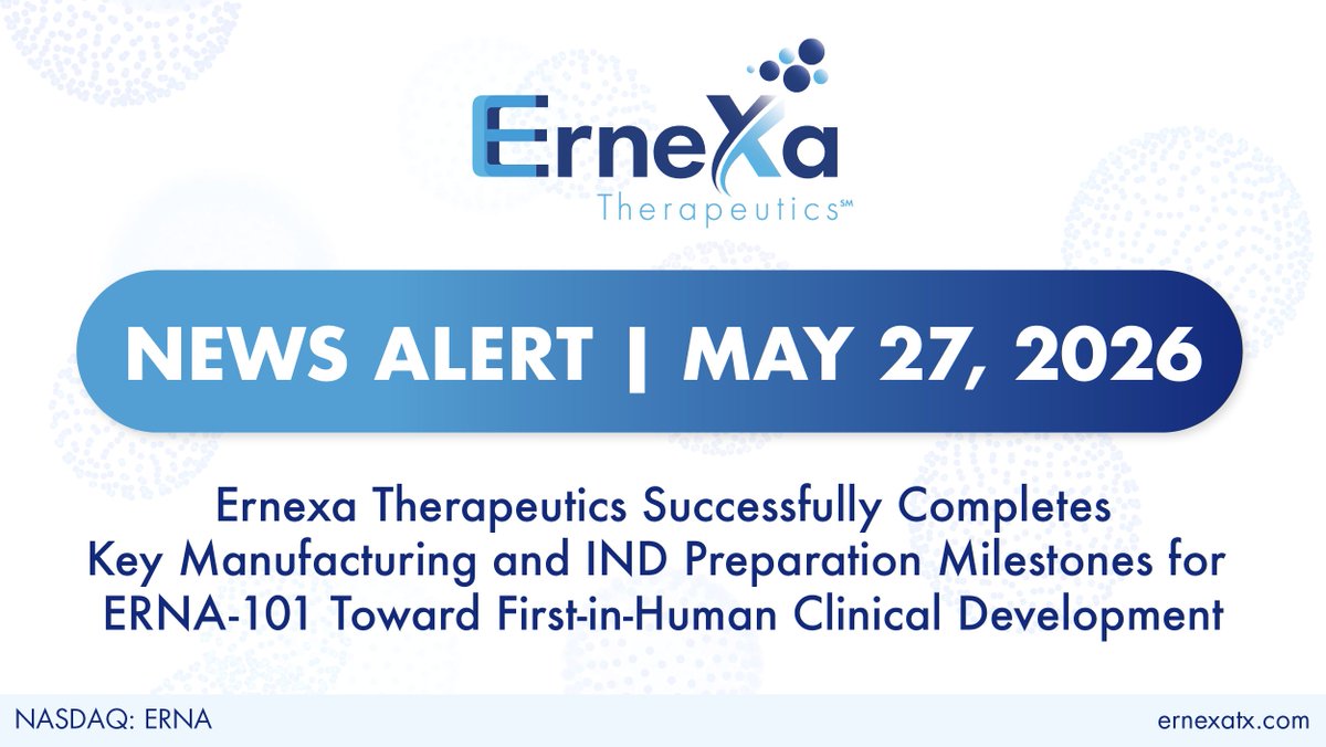 ErnexaTx's tweet photo. Ernexa Therapeutics Successfully Completes Key Manufacturing and IND Preparation Milestones for ERNA-101 Toward First-in-Human Clinical Development

https://t.co/UMnuMZWAFd 
$ERNA #CancerResearch #DeliveringHope #EndOvarianCancer #NoWomanLeftBehind https://t.co/5XNM1a22zm