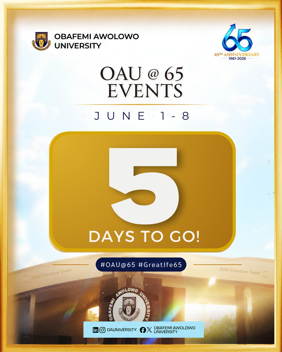 OAUniversity's tweet photo. 5 days to Great Ife @ 65.

Five days to reconnect with old friends, relive timeless memories, celebrate culture and excellence, and create new moments together.

The legacy continues.
The future is calling.
#OAUat65
#GreatIfe65
#LegacyOfExcellence
#FutureOfImpact https://t.co/UgiKXOHvM9