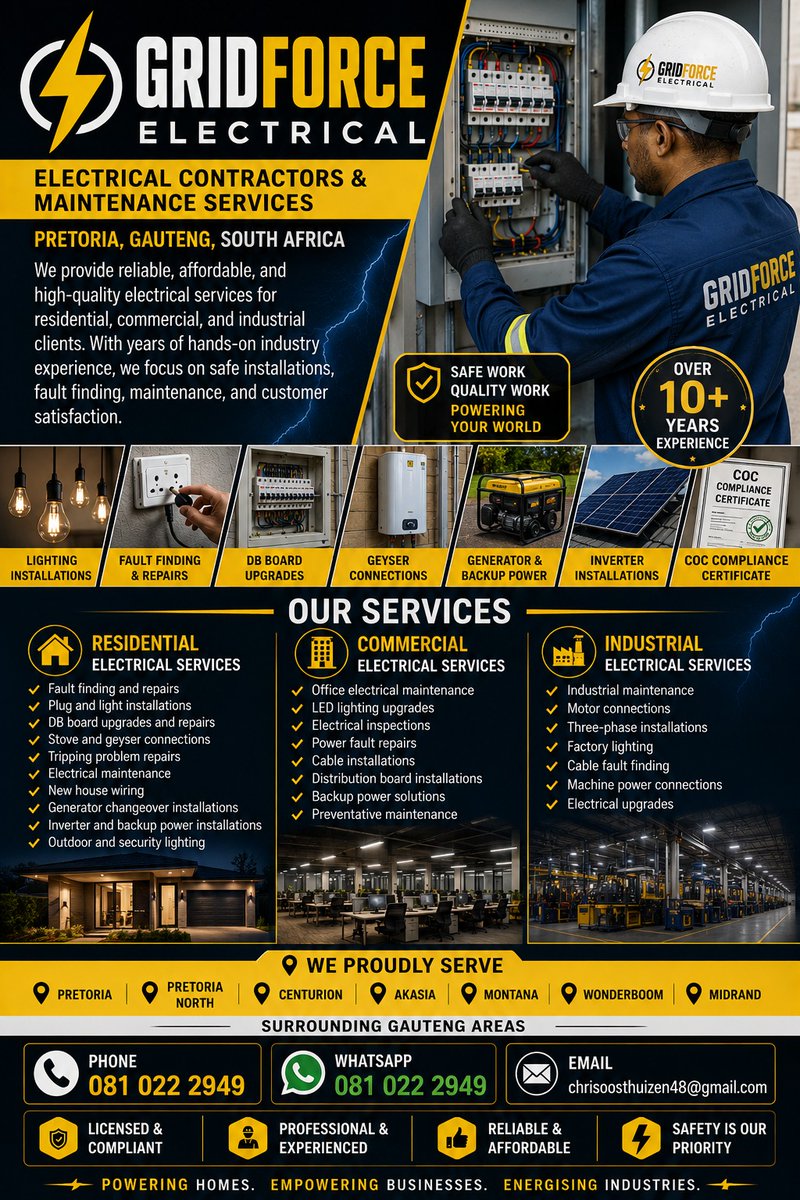 ADSONLINE123's tweet photo. GridForce Electrical

Electrical Contractors &amp; Maintenance Services Pretoria, Gauteng, South Africa
Our Services
Residential Electrical Services
Fault finding and repairs
Plug and light installations
DB board upgrades and repairs
Stove and geyser connections
Tripping problem https://t.co/mVghcusBkG