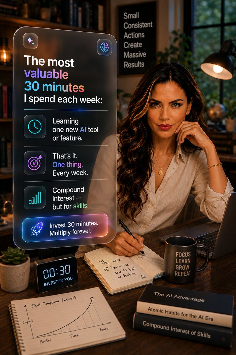 Terie_AI's tweet photo. The most valuable 30 minutes I spend each week:

Learning one new AI tool or feature.

That's it. One thing. Every week.

Compound interest — but for skills. https://t.co/IPS57rYxyU