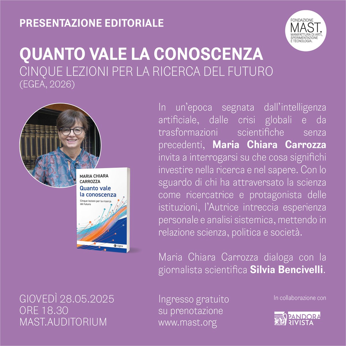 egeaonline's tweet photo. Quanto vale la conoscenza?
📌Domani pomeriggio in Fondazione Mast, a Bologna, l'incontro con Maria Chiara Carrozza e Silvia Bencivelli.
📲Il link per registrarsi: https://t.co/gmmTjYy4TQ
📖E il libro: https://t.co/4SGl8gSXxS
@pandorarivista @MC_Carro https://t.co/pHM9fDUDnF