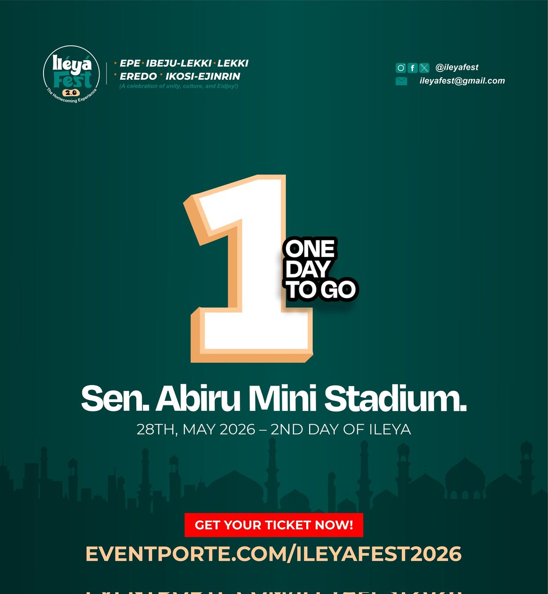 ileyafest's tweet photo. 1 Day To Go 🔥

Less than 24 hours left until the biggest Ileya groove begins! 🎉

Culture, fun, and premium vibes loading at Sen. Abiru Mini Stadium.
Secure your spot now 🎟️
https://t.co/VyqzUcSJPi

#IleyaFest2026 #Homecoming https://t.co/xbPntz4qjb
