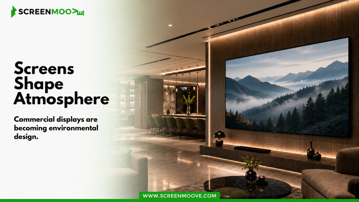 ScreenMoove's tweet photo. Commercial displays don’t just communicate information anymore.

They shape atmosphere.

The right setup can make environments feel:
- more premium
- more modern
- more immersive
- more connected

Commercial displays are becoming environmental design.

#InteriorDesign #DigitalSignage #CommercialDisplays #RetailDesign #HospitalityDesign #ScreenMoove
