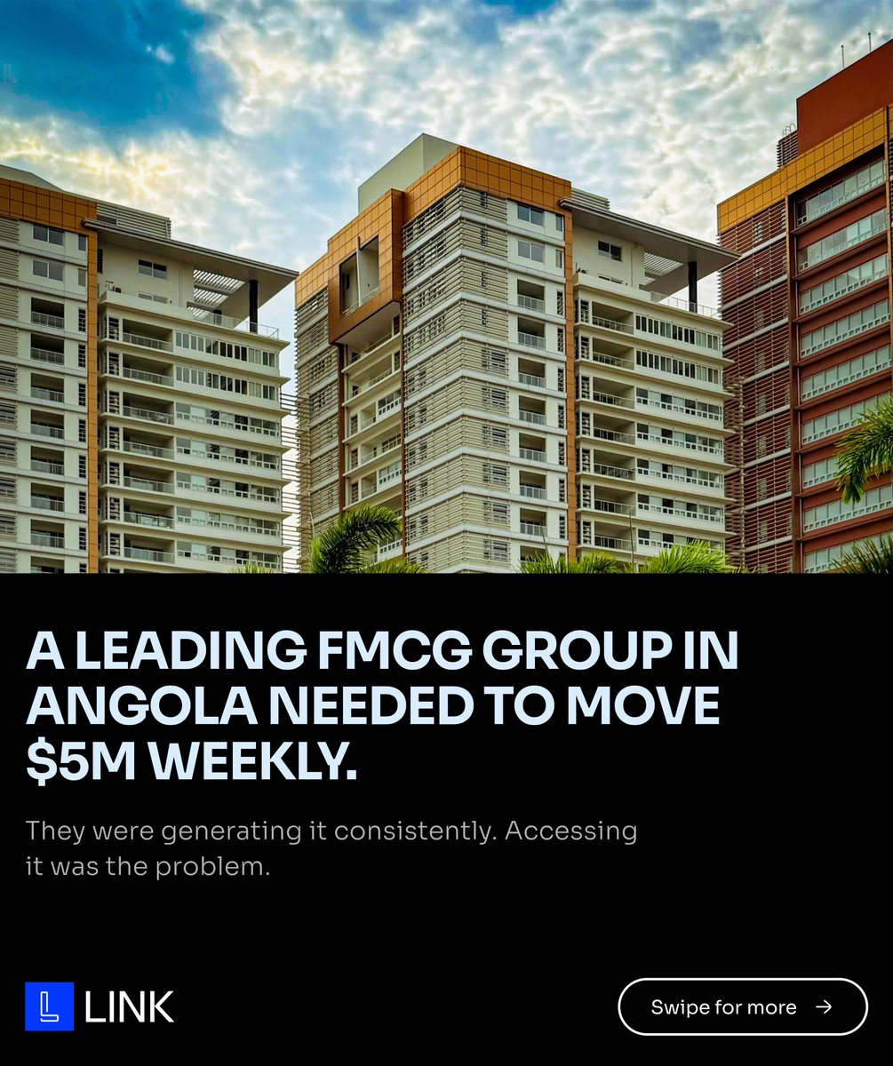 Link_IO's tweet photo. 🧵 A major FMCG group in Angola was generating $5M every week. 

Retail across multiple cities. Hospitality. Industrial. Packaging. A well-run, high-revenue operation. But they could only move a fraction of their own money. 

Here's what was happening. [1/6] https://t.co/nrevGApigv