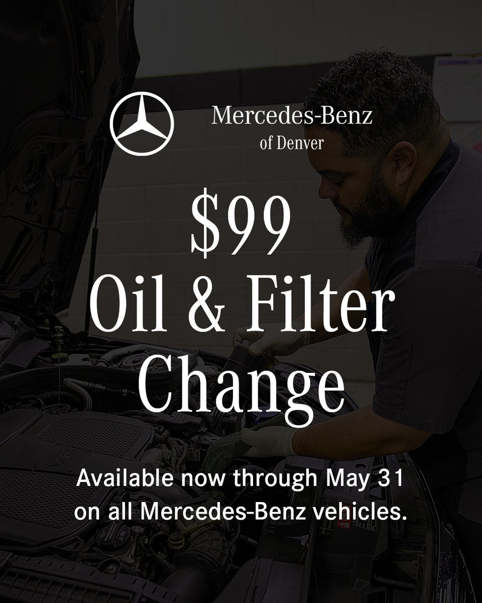 mbofdenver's tweet photo. Precision performance starts with proper care. Now through May 31, take advantage of our $99 Oil &amp; Filter Change special on Mercedes-Benz models. Contact us today to learn more or to schedule your visit.

https://t.co/sPaiZphTcw https://t.co/tbuHGKaZ2F