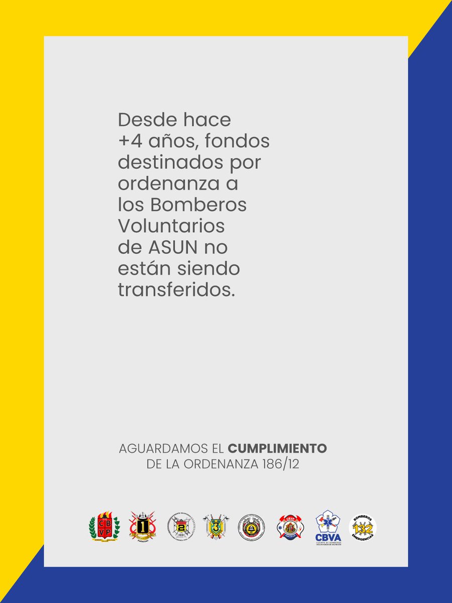 AmarillosCBVP's tweet photo. Los bomberos cumplimos siempre… ¿y la @AsuncionMuni? 

Años de deuda con los Bomberos Voluntarios.

No pedimos un favor, pedimos que se cumpla y nos permita contar con mayor capacidad. https://t.co/iJKfOJJVj7