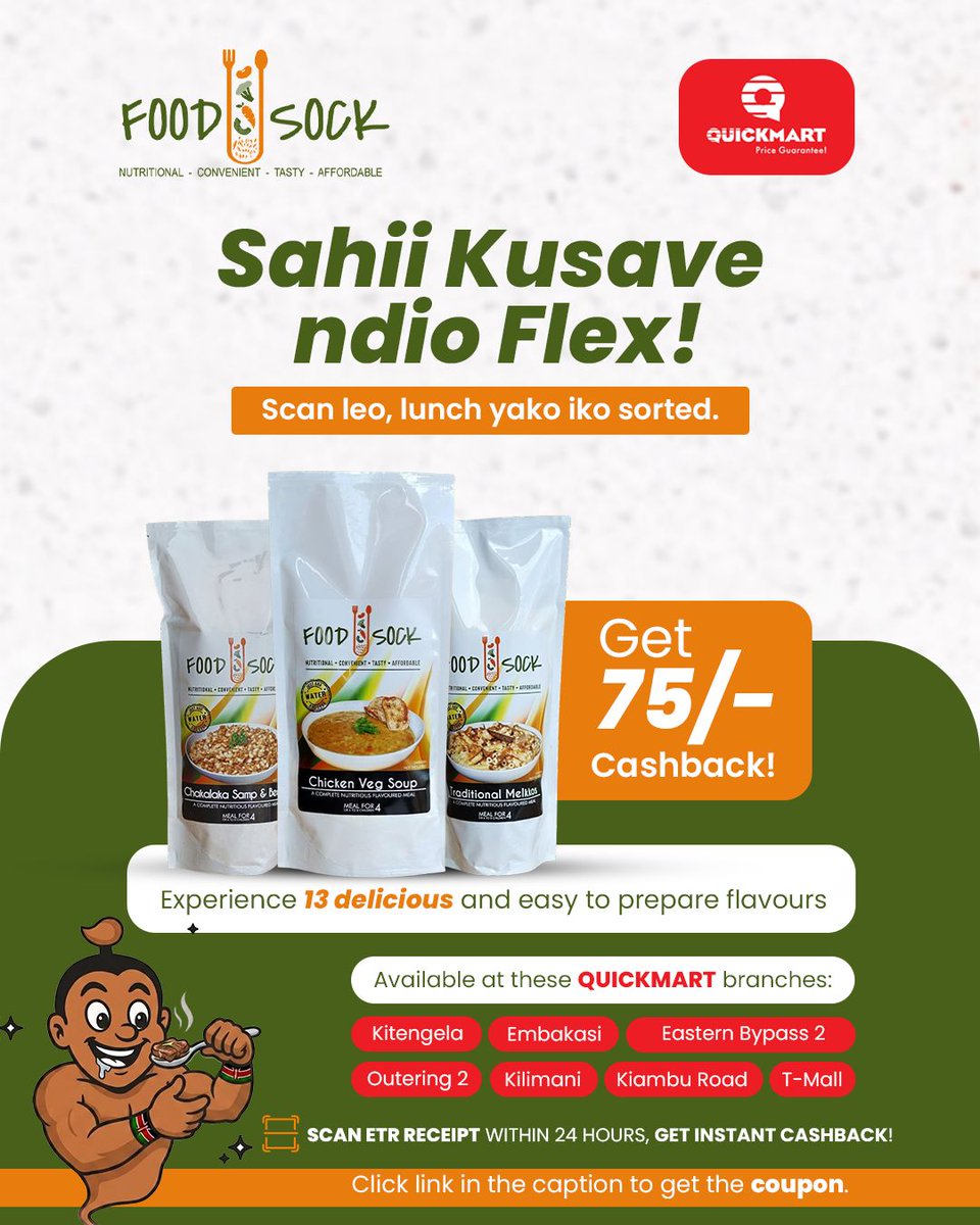 K24Tv's tweet photo. Get 75 BOB cashback instantly on your next meal!
Grab your favorite Food Sock meal from select Quickmart branches, scan your ETR receipt on the Stahili App within 24 hours, and get your cash back!
👉 Claim your cashback here: https://t.co/1bvHepSgxP
#FoodSock #StahiliApp https://t.co/AiSSXx2iUm