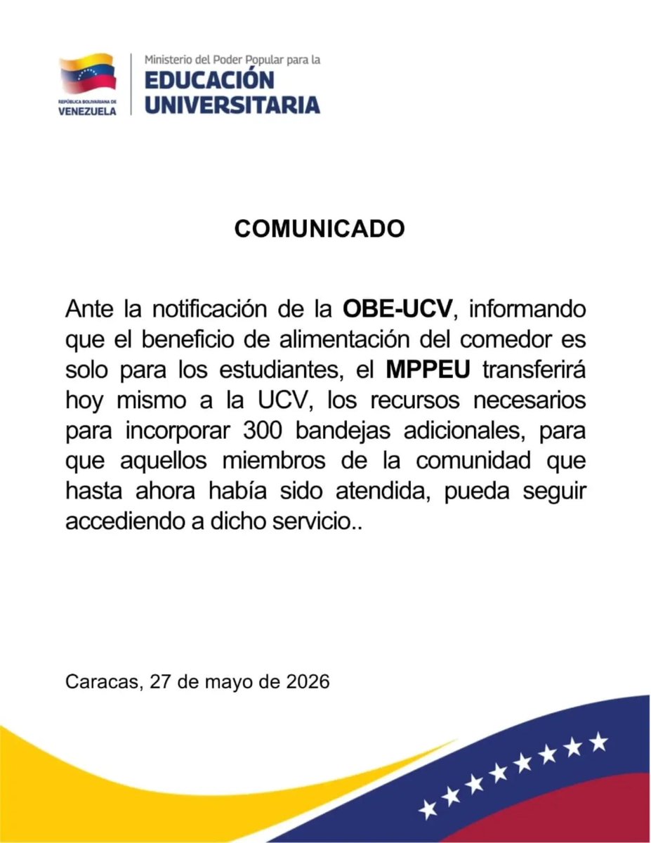 mppeduniv's tweet photo. ¡Garantizando el bienestar de la comunidad universitaria!

Tras el anuncio de la OBE-UCV sobre el uso exclusivo del comedor para estudiantes, desde el MPPEU se han transferido los recursos necesarios para sumar 300 bandejas adicionales en la UCV. https://t.co/ie0LuDBokF