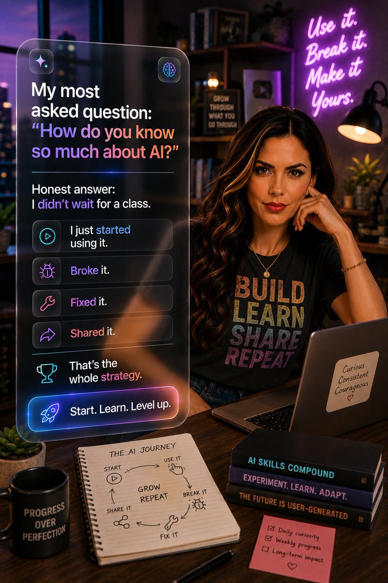 Terie_AI's tweet photo. My most asked question: "How do you know so much about AI?"

Honest answer: I didn't wait for a class.

I just started using it. Broke it. Fixed it. Shared it.

That's the whole strategy. https://t.co/LKdpKTJFYs