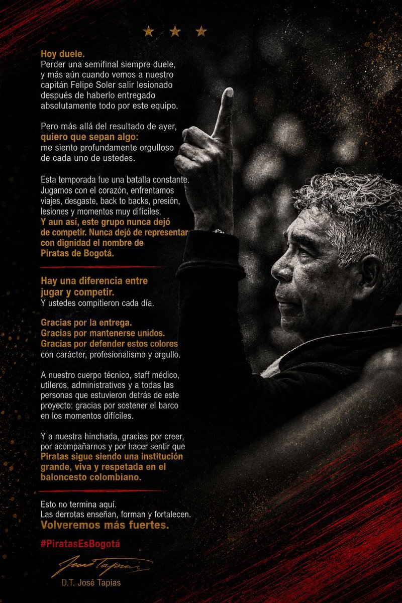 PiratasBogota's tweet photo. Mensaje del emblema de los Piratas, José Tapias🏴‍☠️.
#PiratasEsBogotá https://t.co/V80OzOkxRM