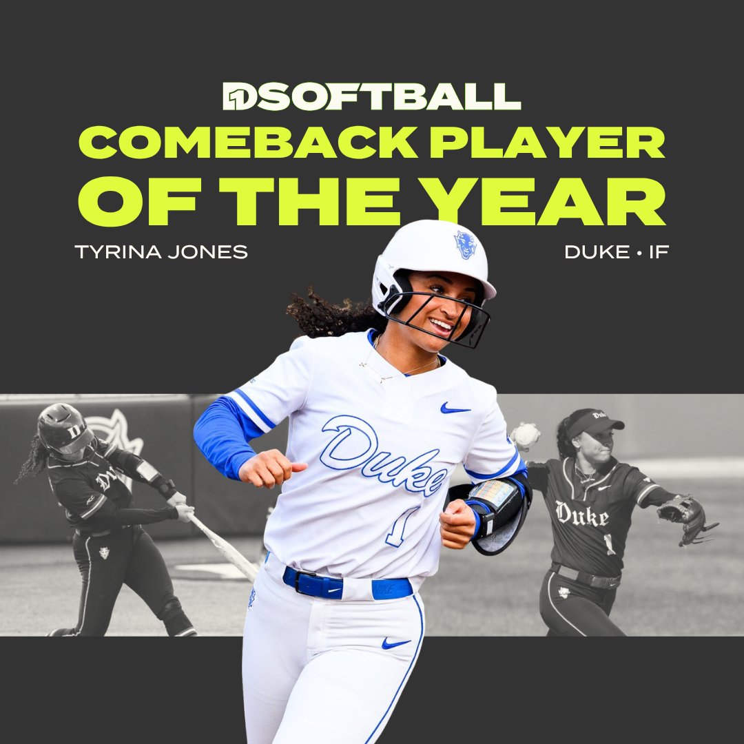 D1Softball's tweet photo. Comeback Player of the Year: Tyrina Jones, Duke

Jones missed the 2025 season with injury, transferred to Duke, and immediately became an incredibly valuable bat in the Blue Devil batting order in her return to the field.

🔗 https://t.co/zjIj2NsH96 https://t.co/CSHF7K9bNt