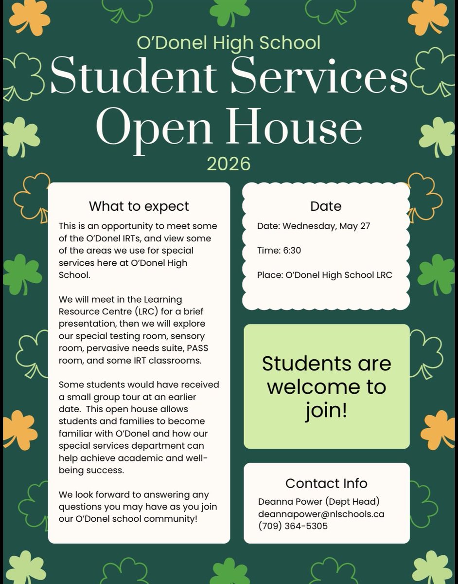 Ms_BDoyle's tweet photo. 🚨SPJH grade 9 families! 🚨 Friendly reminder that our O’Donel open house is tonight at 6:30pm! Can’t wait to see you there! 😊☘️
@ODHigh @SPJH_Pythons @SPJHCounsellors https://t.co/TNLtebinN4