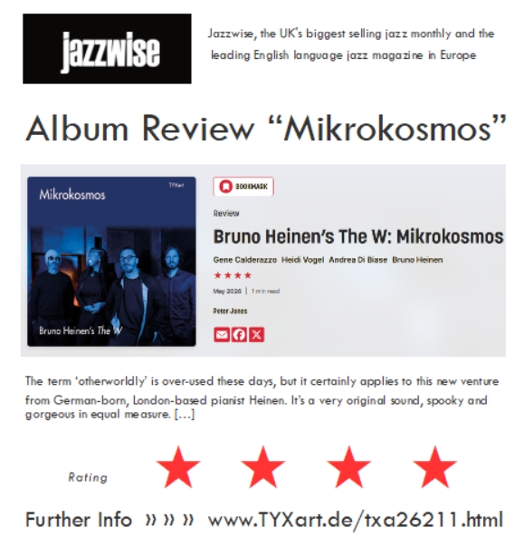TYXart's tweet photo. Bruno Heinen’s The W: Mikrokosmos - Jazzwise Magazine
https://t.co/4WoY3MSrqe 
Rating   ★★★★ #review #tipp

#jazzwise @Jazzwise #tyxart @TYXart #jazzart #heinen #thew #bartok #mikrokosmos #UK #Germany 

Further info, audio, #vinyl, CD, #hires-audio: https://t.co/Ulc07BFp23 https://t.co/eGziGVltYk