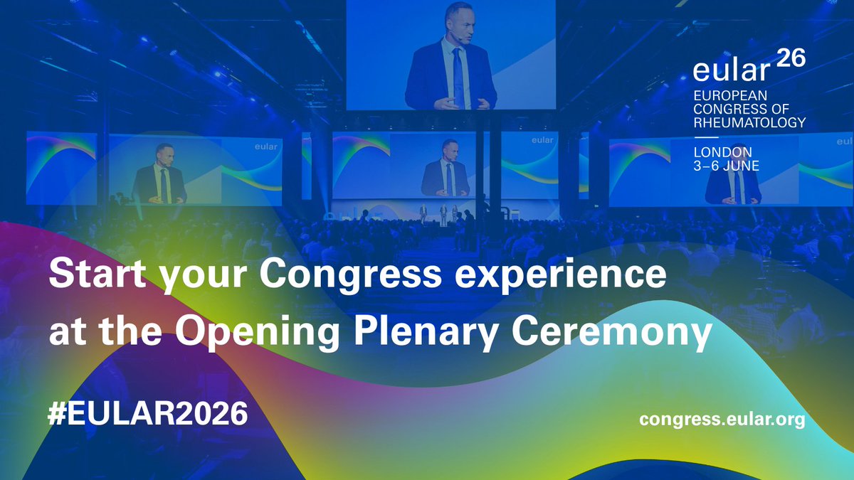 eular_org's tweet photo. Be part of the #EULAR2026 Opening Plenary Ceremony!

Join the global rheumatology community as we officially open the Congress and celebrate outstanding achievements in the field.

📅3 June 2026
🕐13:00-14:00 BST
📍Excel London / Plenary, ICC Auditorium, Level 0

#AwardsCeremony https://t.co/G1QpvWeFBj