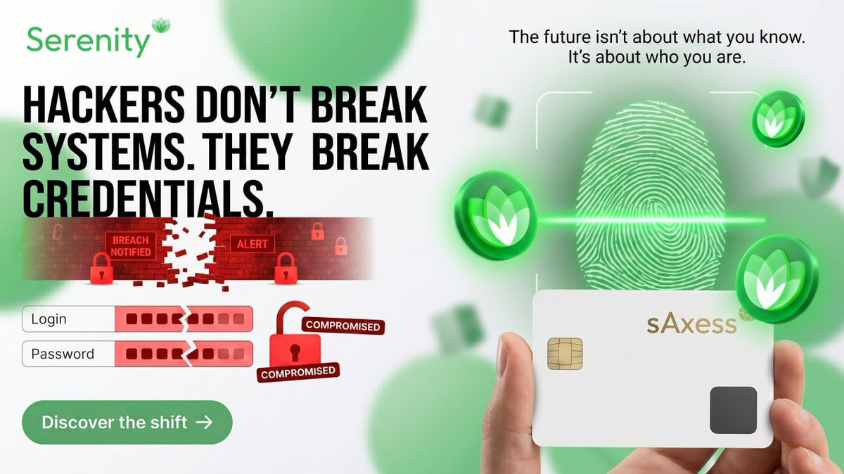 SerenityStech's tweet photo. Hackers don't break systems anymore. They break people. 🔐

Stolen passwords. Leaked credentials. Compromised access.
That's the current playbook — and it works, because everything still depends on something you KNOW.

Biometrics change the equation.
Authentication at the hardware level. No exposed credentials. Nothing to steal, leak, or brute-force.
AI changed how attacks work. 
Security has to evolve with it.

Full blog 👉 https://t.co/HNXvSw6Vmr
Also on Medium 👉 https://t.co/FqJsMRZGo3