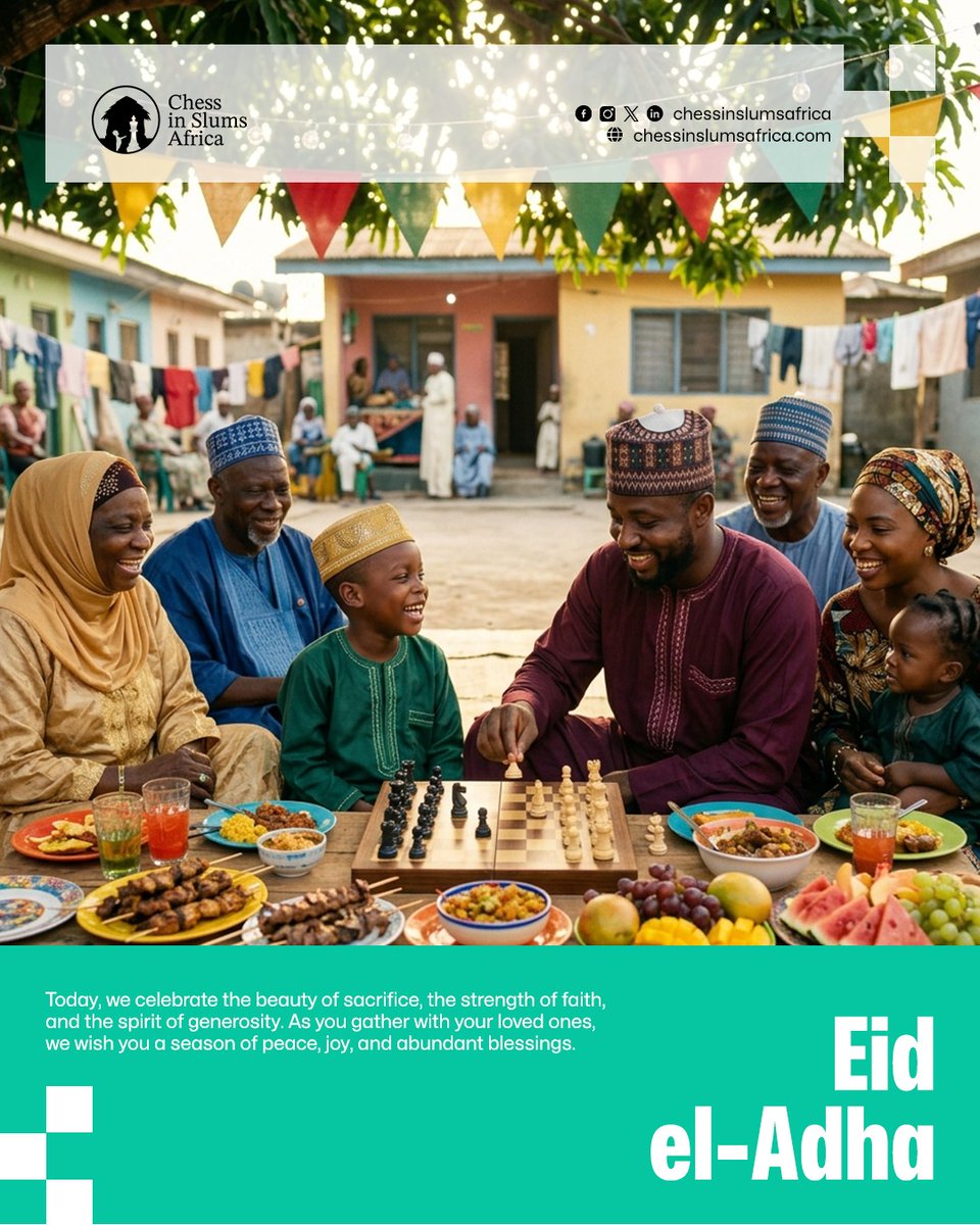 chessinslums's tweet photo. As we celebrate the beauty of sacrifice, the strength of faith, and the spirit of generosity. We are reminded of the power of giving and the purpose of serving others.

May your homes be filled with peace and joy this season brings.

Eid el-Adha from all of us at Chess in Slums Africa

📷: @AmazynArts

#ChessInSlumsAfrica #UnveilingRoyaltyInEveryChild #ChessInNigeria #TundeOnakoya