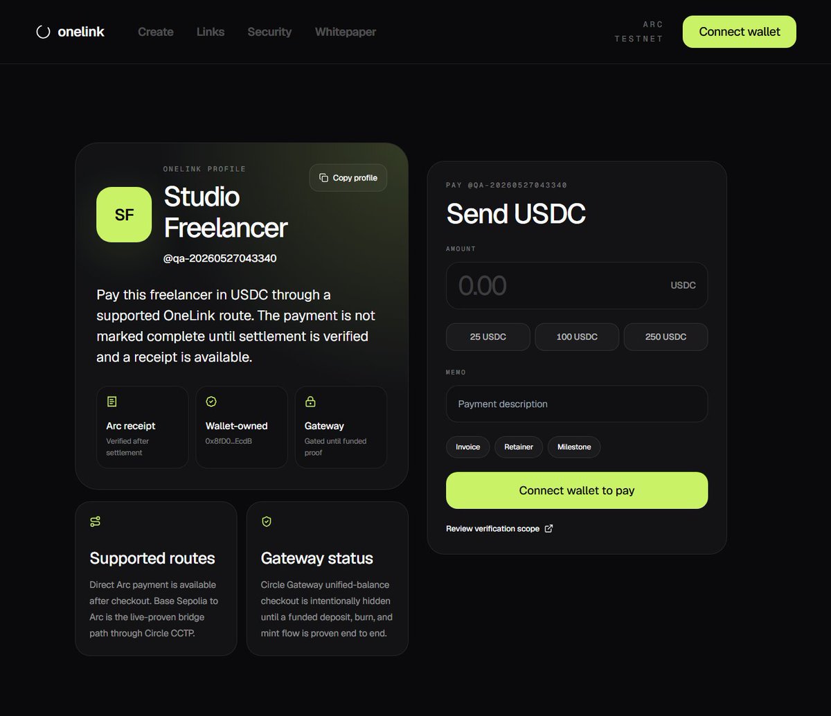 prateekhh's tweet photo. Day update for #OpenAIHackathon

Today I moved OneLink from “working app” to working product.

OneLink is a single USDC payment link/profile for freelancers. Clients can pay through supported routes, and the final receipt is verified on Arc Testnet.

  What shipped today:
  - Tried Linktree-style freelancer profile page
  - Live responsive QA at 390 / 768 / 1366 / 1440 / 1920 widths
  - WalletConnect signed payment proof
  - Permanent profile payment proof
  - Public GitHub README polished with screenshots
  - CI, CodeQL, branch protection, Dependabot, secret scanning
  - 0 open code/security/dependency alerts

The goal was not just to build a demo, but to make the repo and product look like something judges can trust.

Live app: https://t.co/jtRSRov6KM

Currently in development