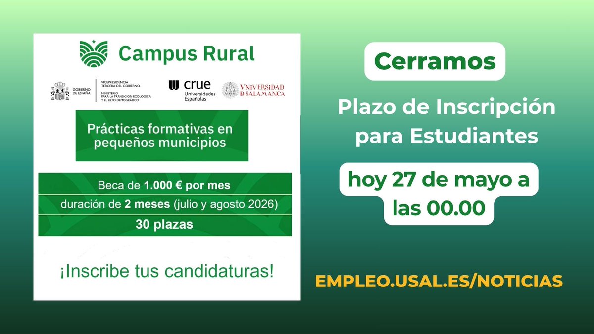 SIP_USAL's tweet photo. ¿Todavía te lo estas pensando? No dudes más, entra en https://t.co/iJjwwqjTWO y elige la vacante que encaja con tu perfil. 
#campusrural https://t.co/GZ6YvkxLGB