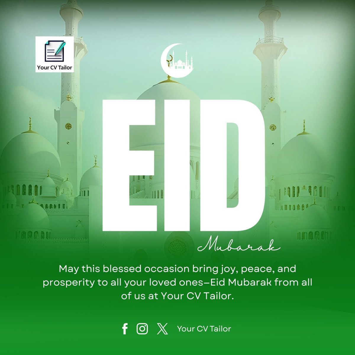 yourcvtailor's tweet photo. Eid Mubarak to you and your family! 🌙✨

​May this blessed occasion bring joy, peace, and endless prosperity to your home.

 Wishing you a beautiful day of celebration, community, and blessings from all of us at Your CV Tailor. 🕌

​#EidMubarak #Eid2026 https://t.co/WjRqDm422G