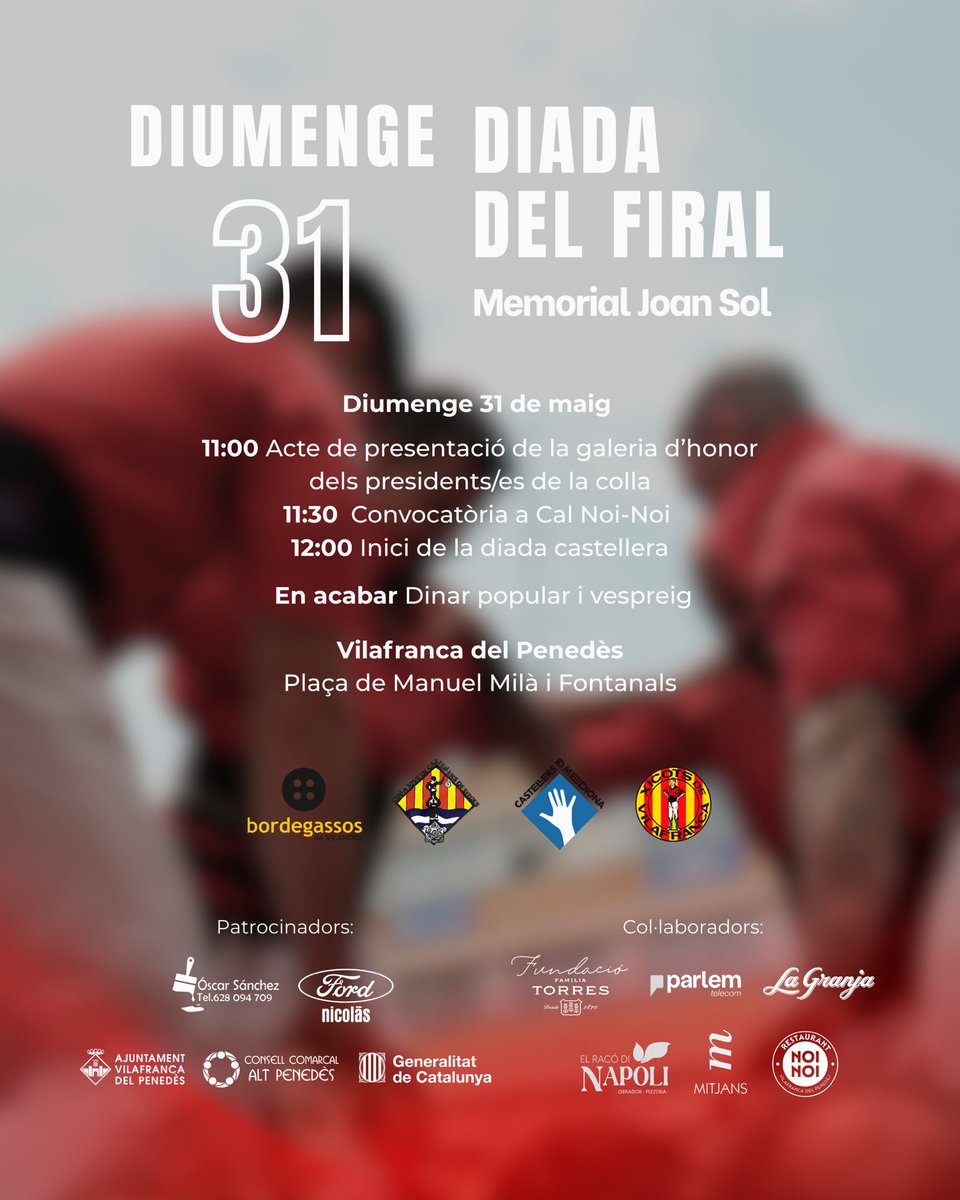 Xicots's tweet photo. 🔴 Aquest cap de setmana, actuem de nou a Vilafranca!

En aquesta ocasió, ho farem davant del nostre local, Cal Noi-Noi, en motiu de la tradicional Diada del Firal "Memorial Joan Sol".

�� Diumenge 31 de Maig, 12:00 h, Plaça de Manuel Milà i Fontanals

#ADNvermell #castells https://t.co/8wYt5QUXDu