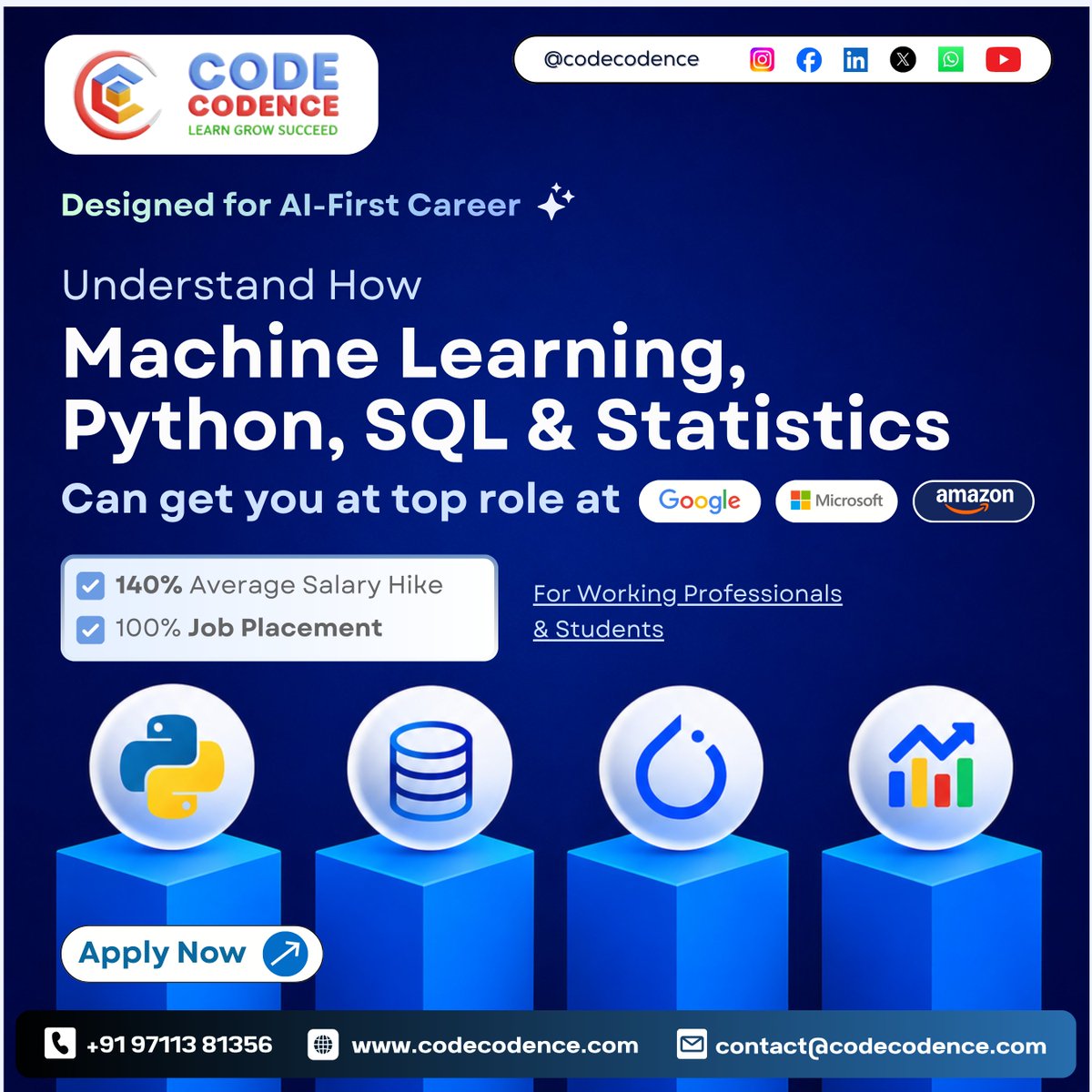 CodeCodence's tweet photo. The formula? ML + Python + SQL + Statistics

Code Codence built an AI-First Career Program that gets working pros &amp; students into top roles at Google, Microsoft, Amazon.

Stop learning. Start earning.
Apply Now 👉https://t.co/4FNM4q86Kn

#ML #AI #Python #CodeCodence #DataScience https://t.co/SVxMNWSLgw