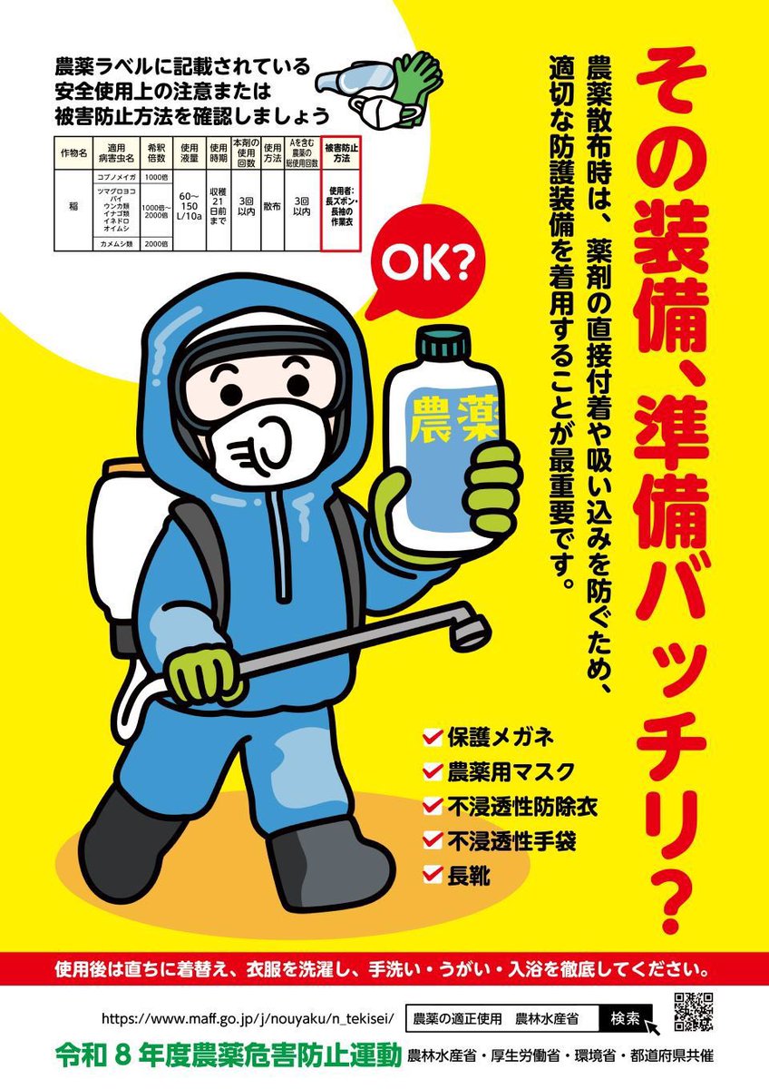 FAMIC_JAPAN's tweet photo. 農林水産省は6月から8月にかけて「農薬危害防止運動」を実施しています。
FAMIC農薬検査部も農薬の正しい使用を呼びかけるなど、この運動に協力しています。
詳しくは農林水産省のホームページをご確認ください。

https://t.co/YcibsrRIay https://t.co/qSK0ai8Y9s