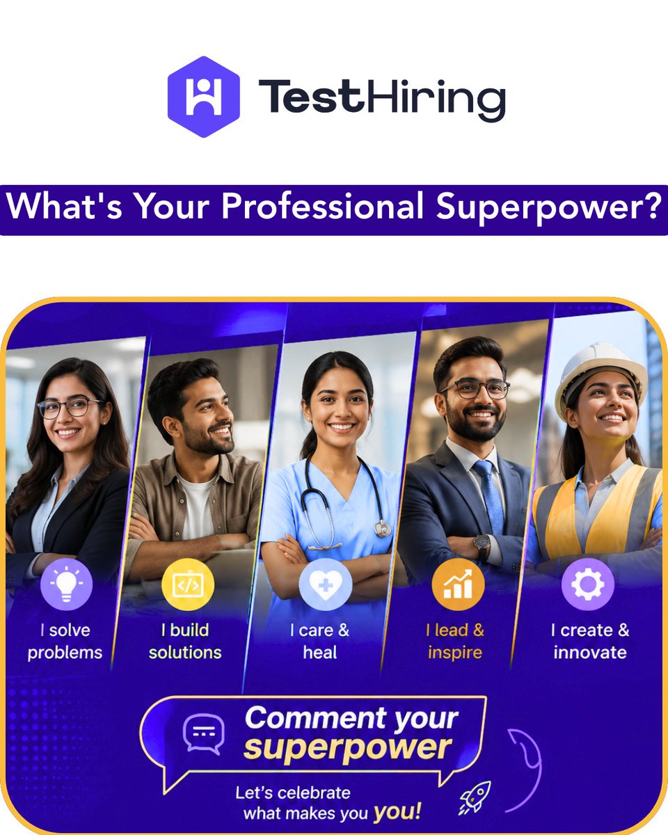 TestHiring's tweet photo. Every professional has a superpower! What's yours?  Share your unique professional superpower in the comments! 

 At TestHiring, we help you identify and showcase those superpowers to the right employers.  

#ProfessionalSuperpower #CareerSkills  #TestHiring https://t.co/VFpAkzjO43
