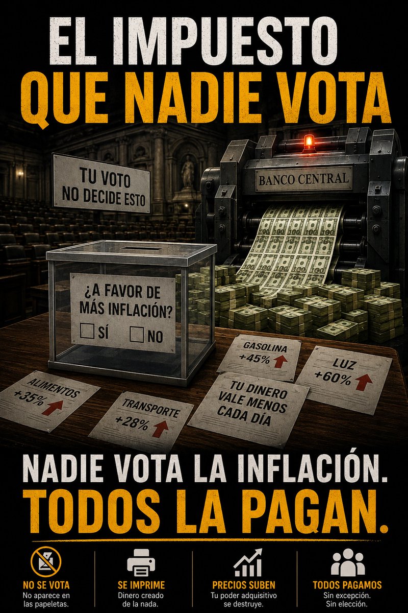 MasterofBTCEsp's tweet photo. 💸 La inflación es el único impuesto que pagas…

aunque hayas trabajado más,
aunque hayas ahorrado,
y aunque nunca lo hayas votado.

Imprimen dinero.
Los precios suben.
Tu poder adquisitivo desaparece.

Y casi nadie entiende por qué. ⚠️ https://t.co/kJNQJDYdmd