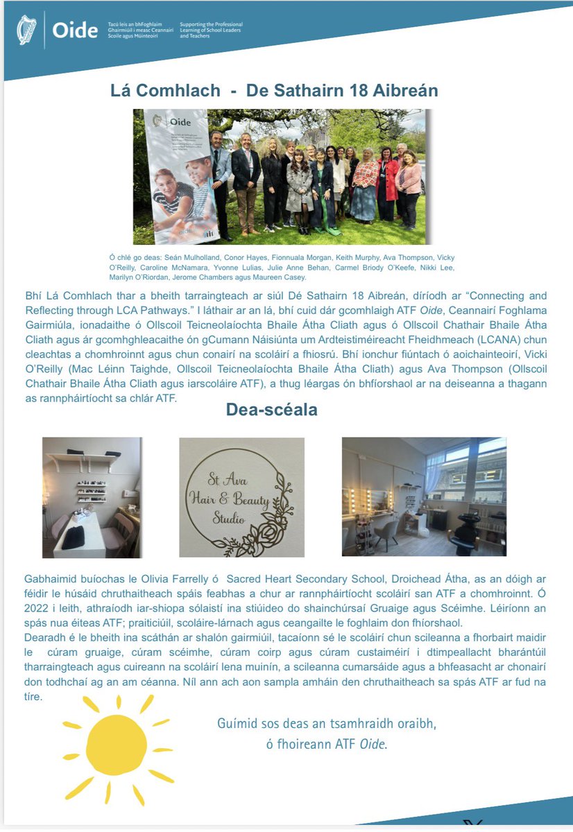 Oide_LCA's tweet photo. Ár nuachtlitir dheireanach agus muid ag druidim i dtreo dheireadh na scoilbhliana. Guímid gach rath ar scoláirí ATF ag tabhairt faoina scrúduithe. Tá súil againn go mbainfidh na comhordaitheoirí ATF agus na múinteoirí ar fad taitneamh as sos an tsamhraidh. https://t.co/V2EGWuJeTu