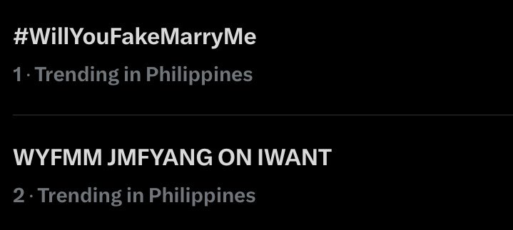 Itsselfloved's tweet photo. New project just dropped an hour ago and they’re already trending at top 1 and 2! That’s rising star energy right there. Watch out — they’re about to take over the industry. Thank you for trusting them once again, @ofc_iwant! 

WYFMM JMFYANG ON IWANT  
#WillYouFakeMarryMe https://t.co/UKoG2eECmu