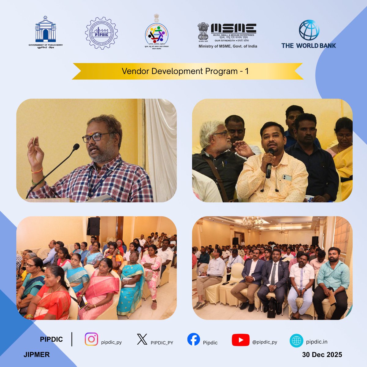 PIPDIC_PY's tweet photo. 179 MSMEs connected with PSU buyers at Puducherry's 1st Vendor Development Programme! 🏭🤝

PIPDIC &amp; EDII brought together NLC India, AAI &amp; JIPMER with local MSMEs under #RAMP — with live GeM onboarding &amp; direct procurement discussions.

MSMEs + Government = Growth. 📈
#GeM #PSU https://t.co/fURXSaftbP