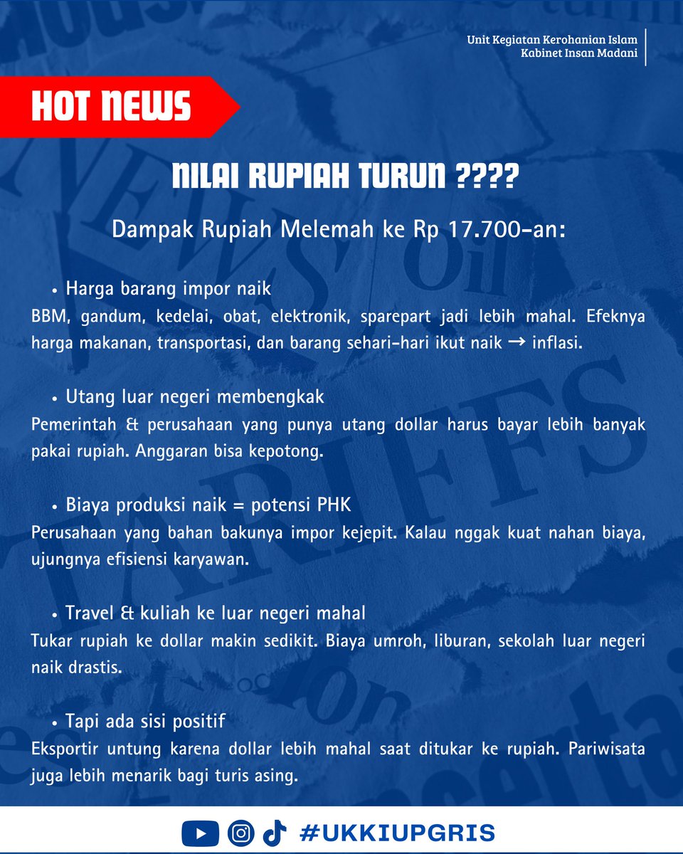 ukkiupgris's tweet photo. Nilai rupiah melemah lagi 📉
Dampaknya bisa terasa pada harga barang, biaya impor, hingga kebutuhan sehari-hari.
Yuk lebih bijak mengatur keuangan dan tetap update isu ekonomi 🇮🇩💸

#UKKIUPGRIS 
#KabinetInsanMadani 
#PamfletIssue #Rupiah #HotNews https://t.co/ING2ZJIPhQ