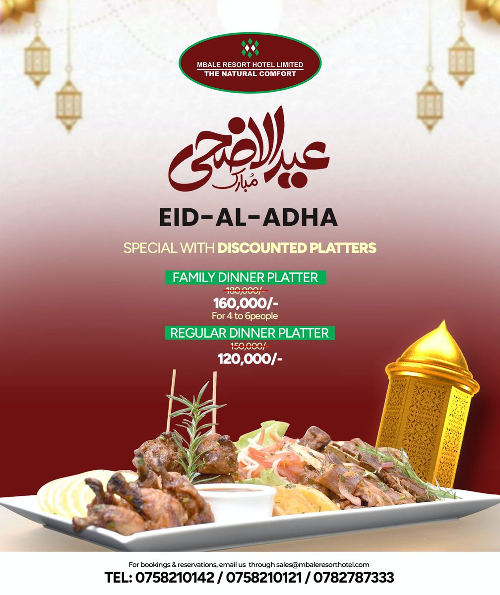 mbaleresort's tweet photo. Happy Eid Al Adha to all our Muslim Communities ☪️.

Join us at Mbale Resort Hotel to enjoy discounted Halal Platters, Pizzas 🍕 and Cocktails 🍸.

For reservations, call or WhatsApp +256758210121/142/125 https://t.co/TylSYH2mP4