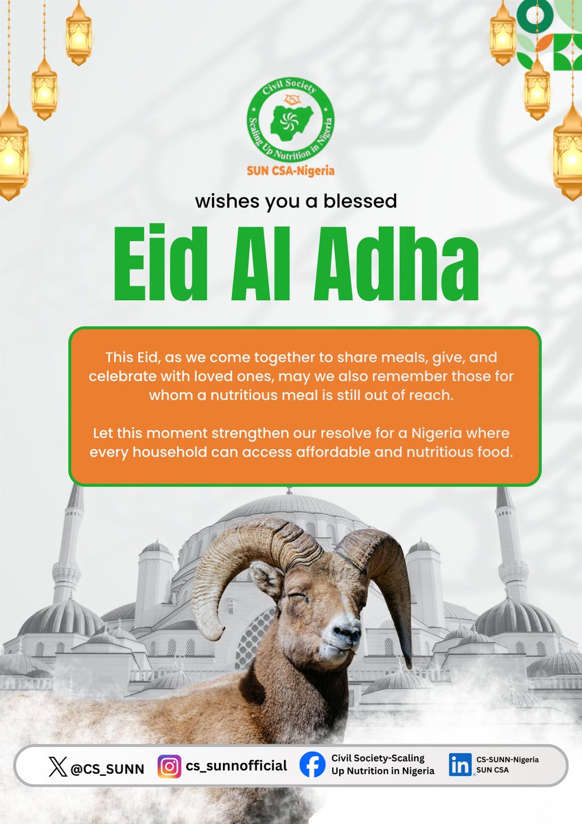 CS_SUNN's tweet photo. This Eid, as we come together to share meals, give, and celebrate with loved ones, may we also remember those for whom a nutritious meal is still out of reach.

Let this moment strengthen our resolve for a Nigeria where every household can access affordable and nutritious food.

#eiduladha #nutritionmatters #cssunn