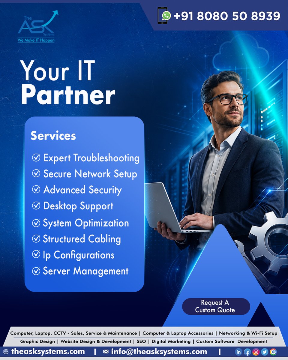 theasksystems's tweet photo. 𝗬𝗼𝘂𝗿 𝗧𝗿𝘂𝘀𝘁𝗲𝗱 𝗜𝗧 𝗣𝗮𝗿𝘁𝗻𝗲𝗿 𝗙𝗼𝗿 𝗖𝗼𝗺𝗽𝗹𝗲𝘁𝗲 𝗕𝘂𝘀𝗶𝗻𝗲𝘀𝘀 𝗦𝘂𝗽𝗽𝗼𝗿𝘁

• Expert Troubleshooting
• Secure Network Setup
• Advanced Security Solutions
• Desktop Support
• System Optimization
• Structured Cabling
• IP Configurations

#GoaTech https://t.co/xlj77sbbOY
