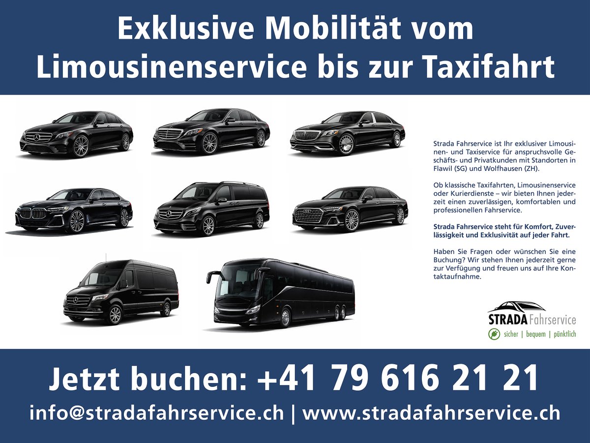 Stradafahren's tweet photo. Unterwegs mit Stil. Ob Limousine, Business-Van oder klassische Taxifahrt, Strada Fahrservice bringt Sie komfortabel und zuverlässig an Ihr Ziel.

✔ Flughafentransfer
✔ Businessfahrten
✔ Hochzeiten &amp; Events
✔ Kurierdienste

📞 +41 79 616 21 21
🌐 https://t.co/gew74wHprS https://t.co/beveuO3Bnh