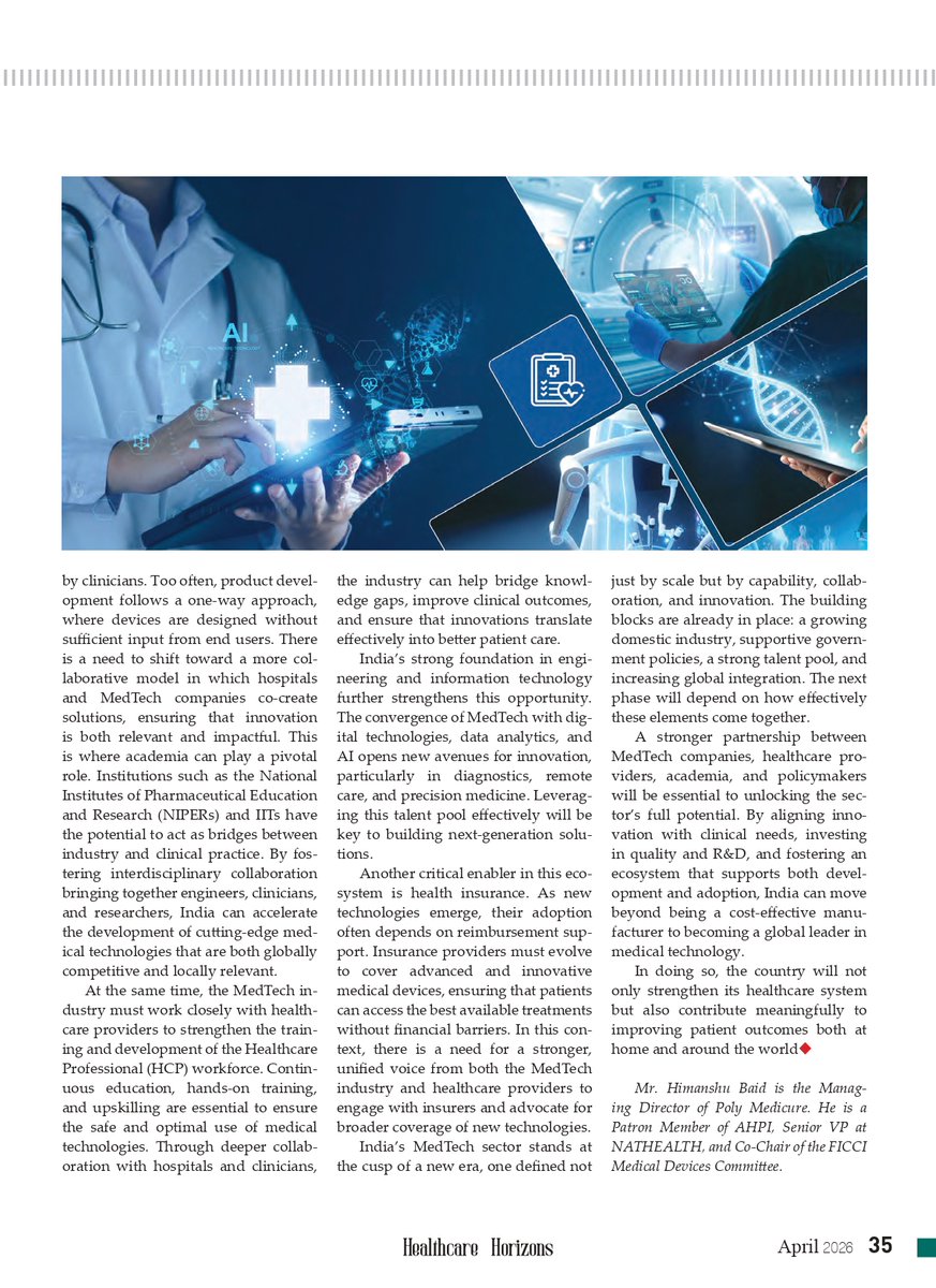 Polymedicure's tweet photo. From cost-driven manufacturing to innovation-led global impact, India’s MedTech story is being rewritten  Read insights by Mr. Himanshu Baid, MD, Polymed featured in Healthcare Horizons, highlighting India’s rise as a trusted MedTech powerhouse driven by quality, R&D, and patient-centric innovation.

#Healthcare #medtech #MakeInIndia #medicaldevices #innovations #leadership #HealthcareLeadership