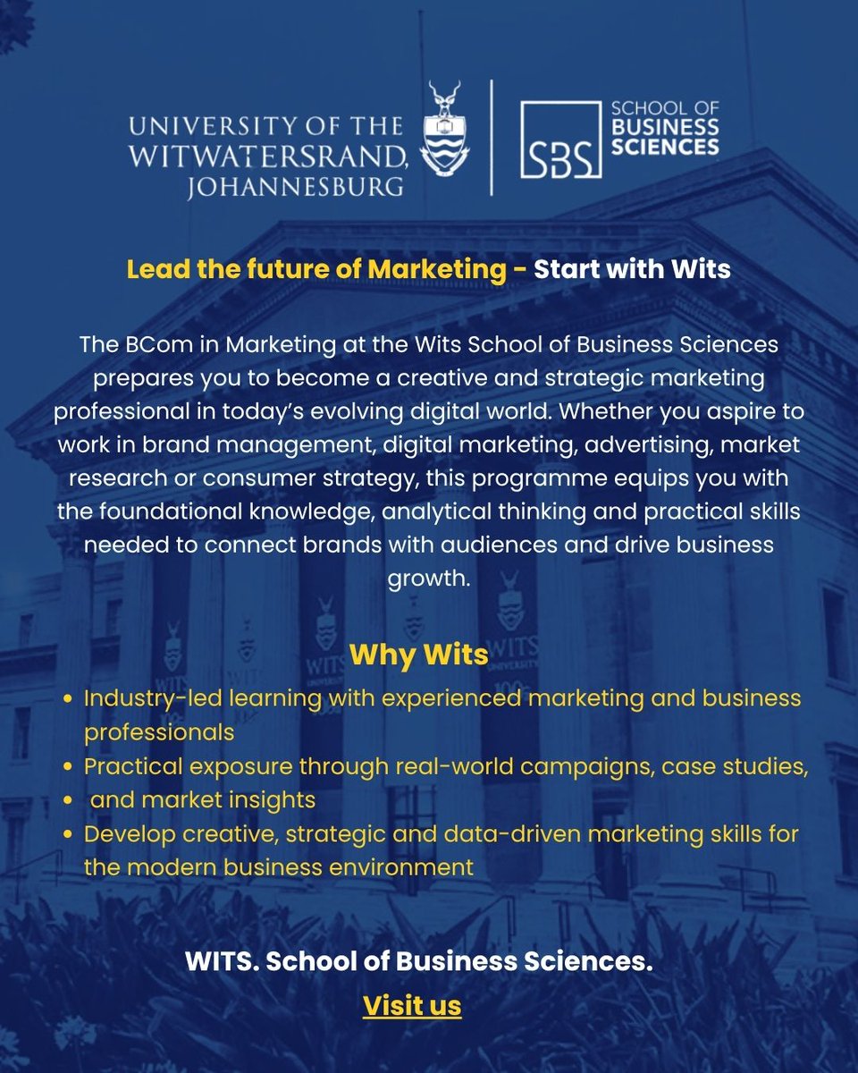 WitsSbs's tweet photo. 📈 Shape the future of brands with Wits SBS! From digital marketing to consumer strategy, our BCom in Marketing empowers you to connect creativity with business growth. 

🚀 #LeadWithWits  #WitsUniversity #FutureMarketers #BComMarketing #WitsSBS #BrandLeadership #DigitalMarketing https://t.co/mHUbK82A6B