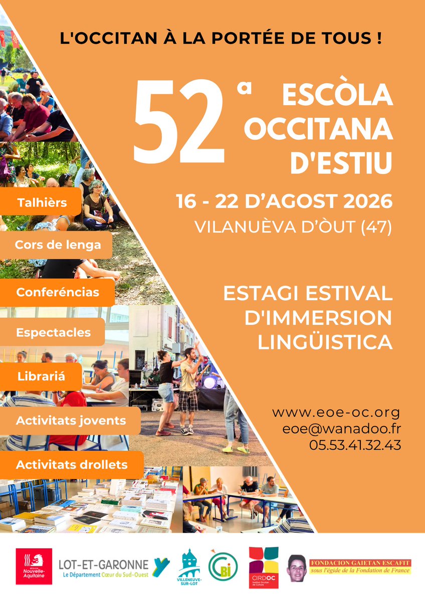 CAOC_'s tweet photo. L'emblematica Escòla Occitana d'Estiu🌞se debanarà a Vilanòva d’Òlt del 16 al 22 d’agost de 2026.

🔹Corses de lenga, talhièrs culturals, conferéncias, espectacles, activitats drollets e jovents, librariá, ...

✨Las inscripcions son dubèrtas! Vos i podètz ja marcar! 🤗
#occitan https://t.co/doPZztVx6O