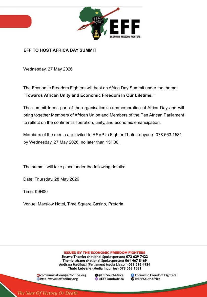 EFFSouthAfrica's tweet photo. EFF To Host Africa Day Summit 

The summit will take place under the following details:

Date: Thursday, 28 May 2026
Time: 09H00
Venue: Marslow Hotel, Time Square Casino, Pretoria https://t.co/Z2V2DSzFDx