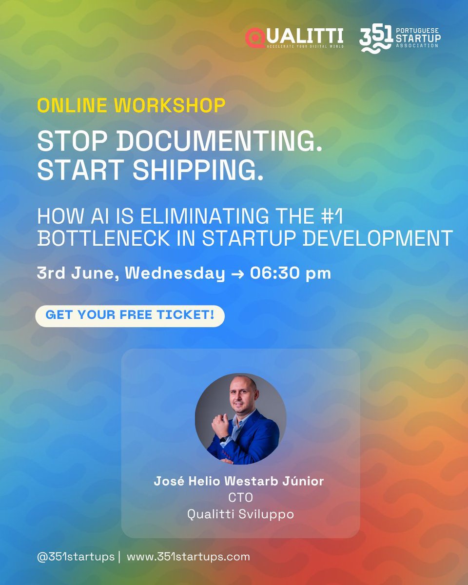 Startup351's tweet photo. Documentation killing your momentum? 😅 

On June 3, 351 x Qualitti Sviluppo show how AI can turn meetings + code into investor-ready technical docs in <60 mins.

Live demo included.

Register here: https://t.co/yn4lJp5kgx

#Startup #Tech #AI https://t.co/uoCa2M5xy8