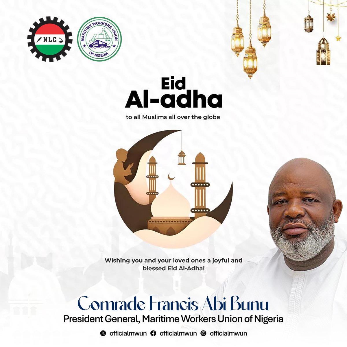 OfficialMWUN's tweet photo. PRESS RELEASE:

MWUN PG, BUNU ADMONISHES MUSLIMS ON TOLERANCE, ONENESS ON EID MUBARAK, DECRIES HARDSHIP IN THE LAND

The President -General of Maritime Workers' Union of Nigeria (MWUN), Comrade Francis Bunu Abi has joined Muslims in Nigeria and across the world in celebrating this year's Sallah festival in honour of Prophet Mohammed (Peace be Unto Him).

The Numero Uno Maritime Expert praised the Muslim faithful in the country for their resilience, tolerance, and love towards one another in spite of the wave of insecurity, violent crimes and hardship that has engulfed the northern region and some parts of the country.

The Ijaw born Labour Activist also noted that against all odds, Muslims have however taken into cognizance that there's nothing impossible before Allah, the Merciful, whose benevolence mankind has always counted upon to live especially during this hard but critical times in the history of our country; while expressing his deep heartfelt pains and agony befallen innocent and vulnerable Nigerians, especially during this very hard period Nigerians have found themselves.

The MWUN PG also appreciates the Federal Government of Nigeria under the leadership of President Bola Ahmed Tinubu in his total resolve towards repositioning the country and his genuine efforts in fighting the insecurity and inflation in the country, given his total commitment towards returning stability and peace all over the troublesome areas in the country; praying that the spirit of Eid Mubarak as Muslims and entire Nigerians celebrate today will usher in the desired peace, hoping that the desired change will bring about the expected positive around for the people of Nigeria.

Comrade Bunu further urged the government of all tiers to look into the plights of Nigerians towards alleviating them from their living standards, which he said is very below average so that life can be more meaningful to every average person out there struggling for survival.

Comrade Bunu thanked all Muslims out there and encourage them to continue to live peacefully amongst all men saying that the Almighty God knows from the end to the beginning; therefore, Nigerians must show love towards one another going by the spirit of the Eid-Mubarak; while wishing every Nigerian a Happy Sallah.

E-Signed, 
Comrade John Kennedy Ikemefuna, Head of Media, MWUN

#maritime #mwun #pgmwun #eidmubarak