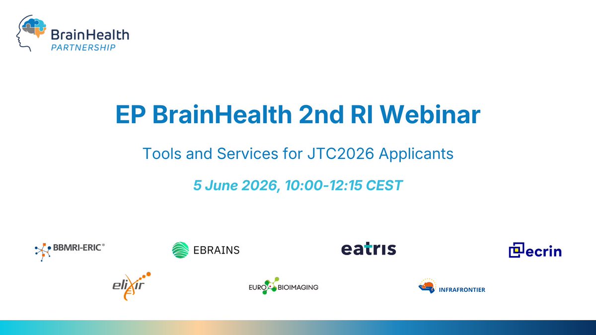 EBRAINS_eu's tweet photo. Register for the EP BrainHealth 2nd RI Webinar: Tools and Services for JTC2026 Applicants on 5 June!

Following the successful first joint webinar on 2 March, this second webinar focuses on the tools and services that European Research Infrastructures can provide to applicants of the EP BrainHealth Joint Transnational Calls 2026 (JTC2026).

Register here: https://t.co/qcNi0yg4cf

@BBMRIERIC @EatrisEric @ELIXIREurope @EuroBioImaging @InfrafrontierEU